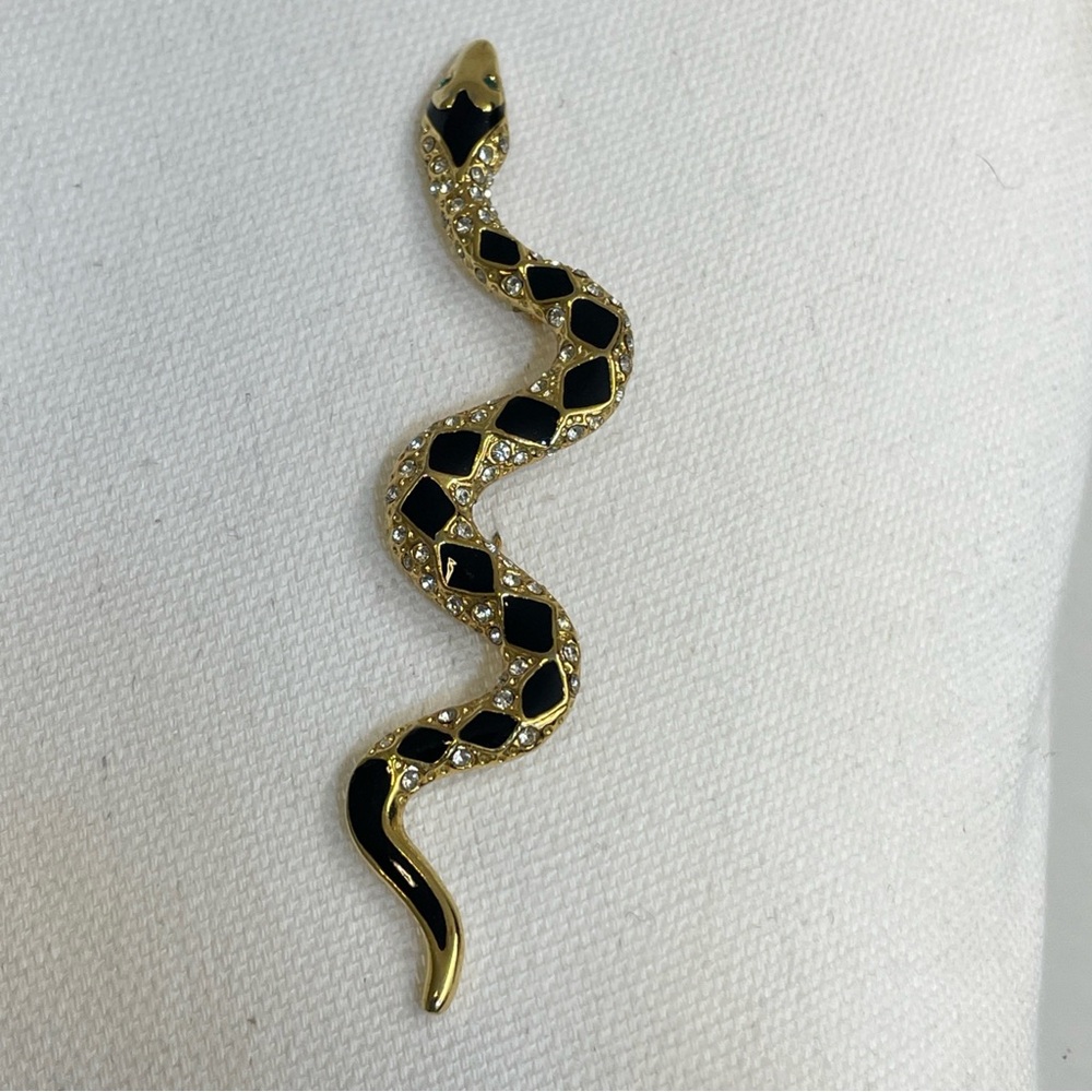 GIOVANNI Gold Tone Black Enamel White Rhinestone Green eyes SNAKE Brooch